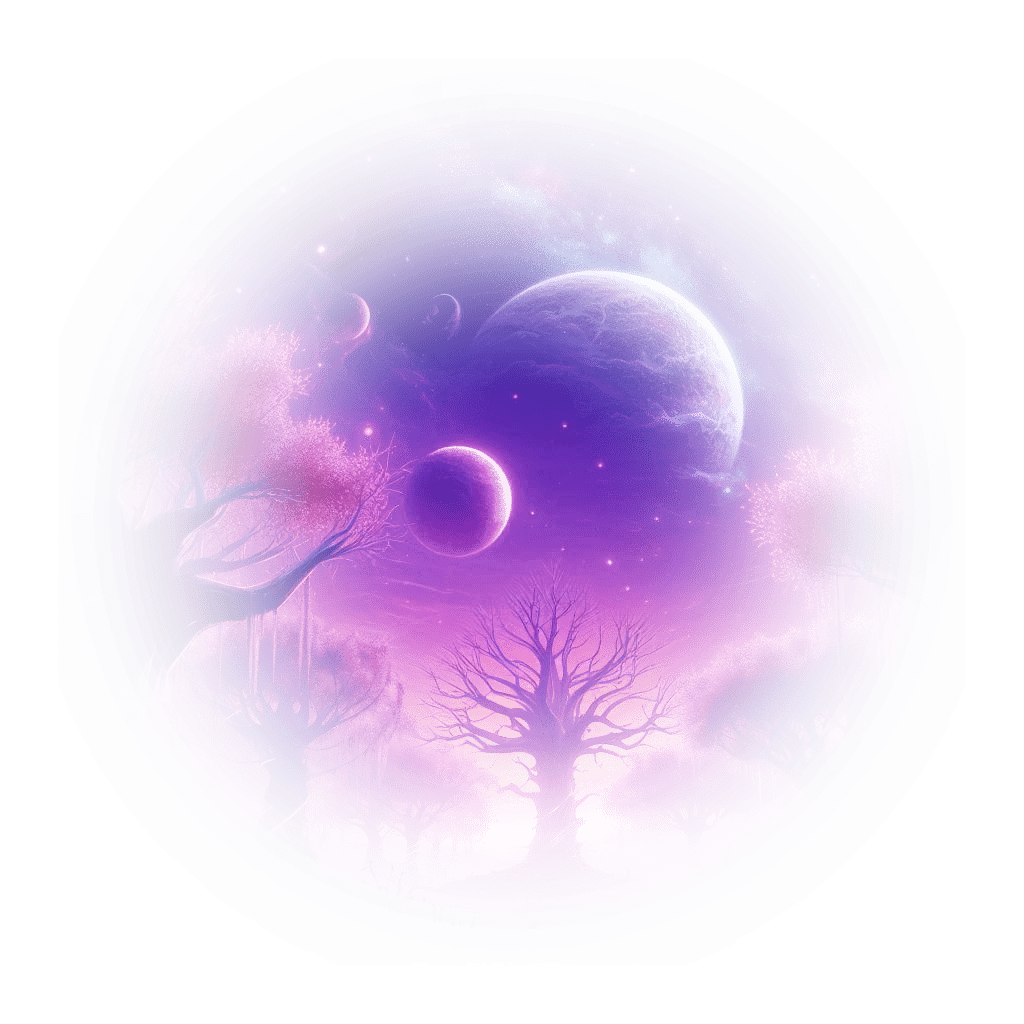 Um mundo alternativo com céu roxo, árvores brilhantes e uma atmosfera mágica.
