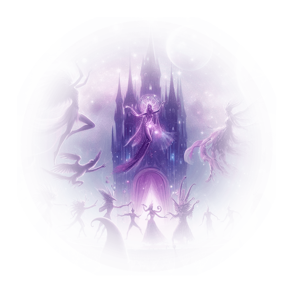 Uma festa mágica com seres fantásticos dançando sob um céu roxo estrelado.