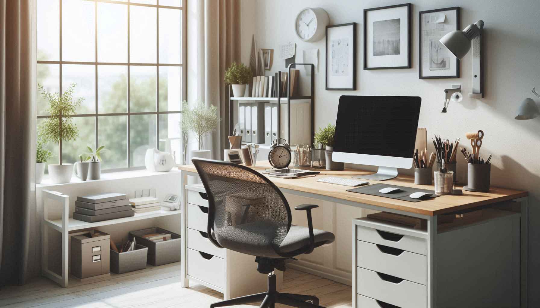 Ambiente de trabalho limpo e organizado com uma mesa bem arrumada e computador