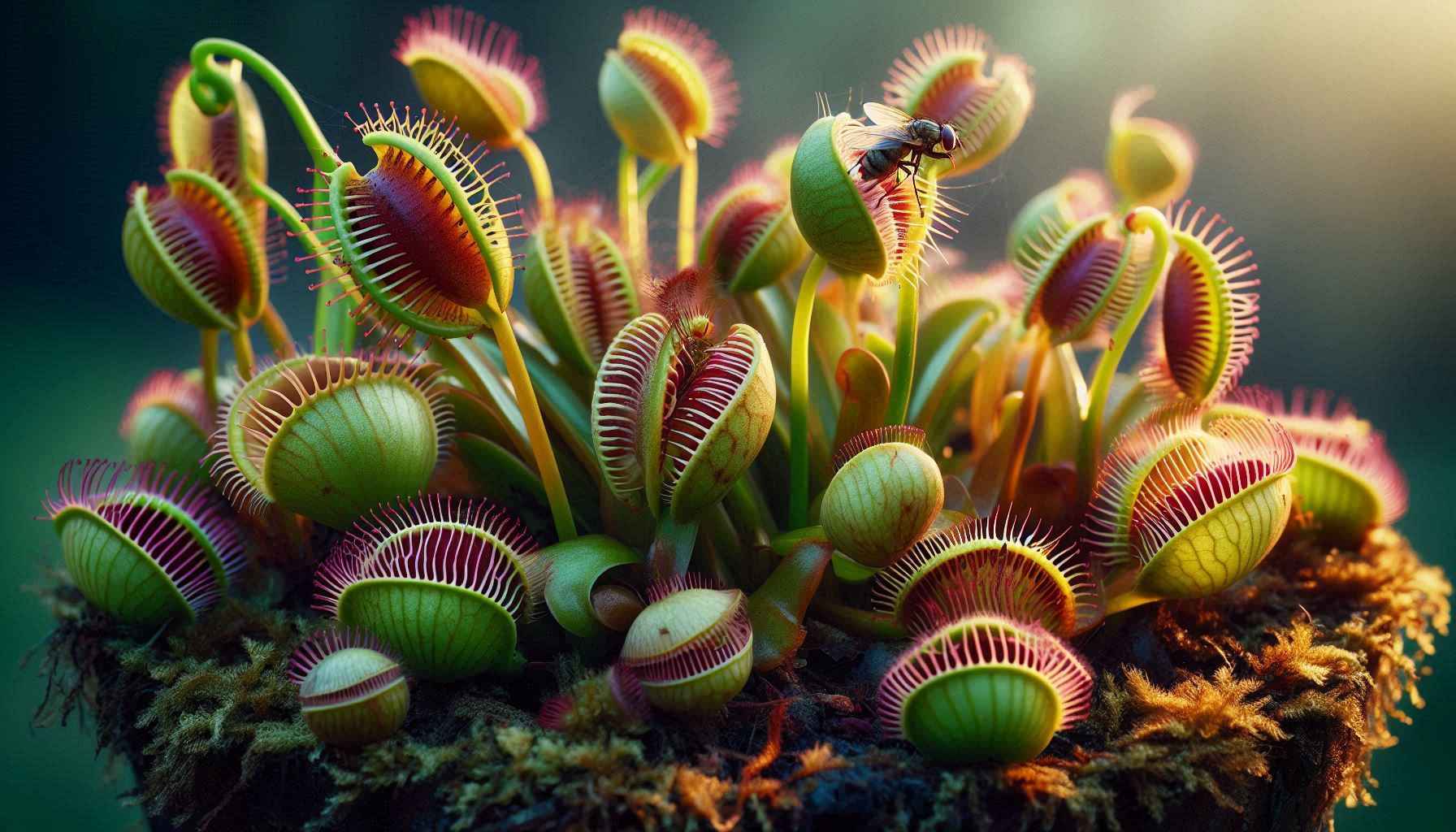 Planta carnívora se alimentando de insetos, com armadilhas como folhas modificadas para capturar presas