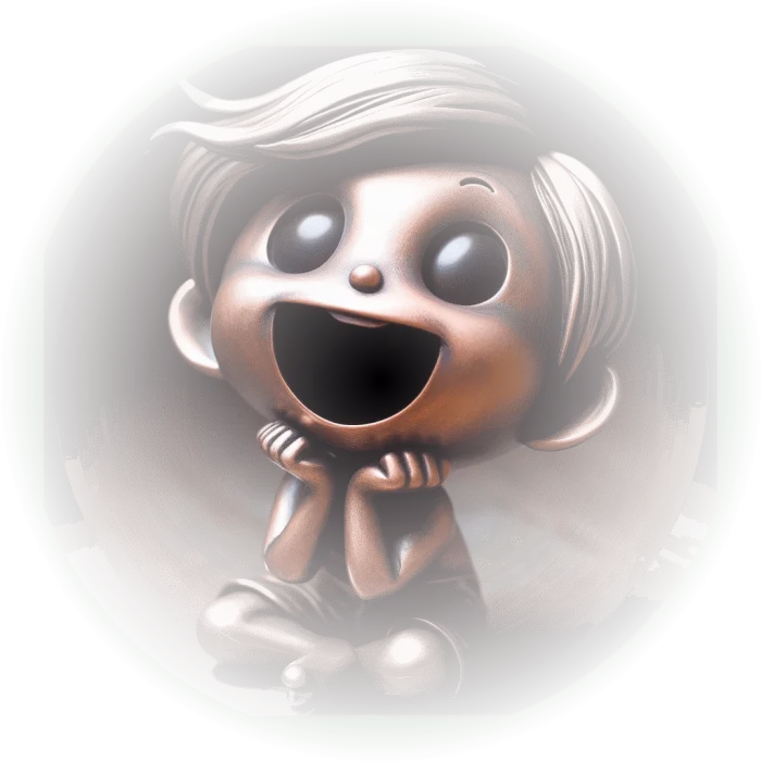 Uma figura de um garoto alegre feito de cobre, recém-moldado, com expressão de surpresa e alegria