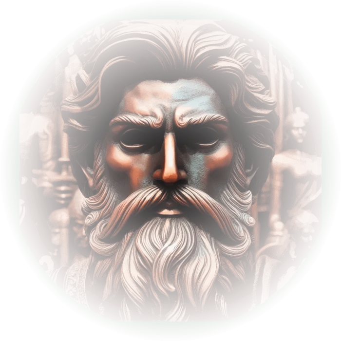 Ancião de Cobre de pé, com olhar firme, cercado pelos habitantes de cobre e a figura de ferro