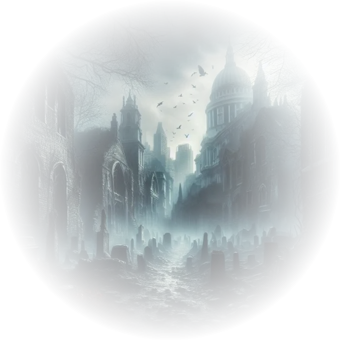Ruínas antigas e sombrias de Londres, um cenário misterioso e cheio de segredos.