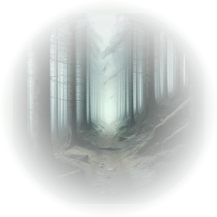 Caminho estreito e enevoado em meio a uma floresta densa, com árvores que parecem observá-lo