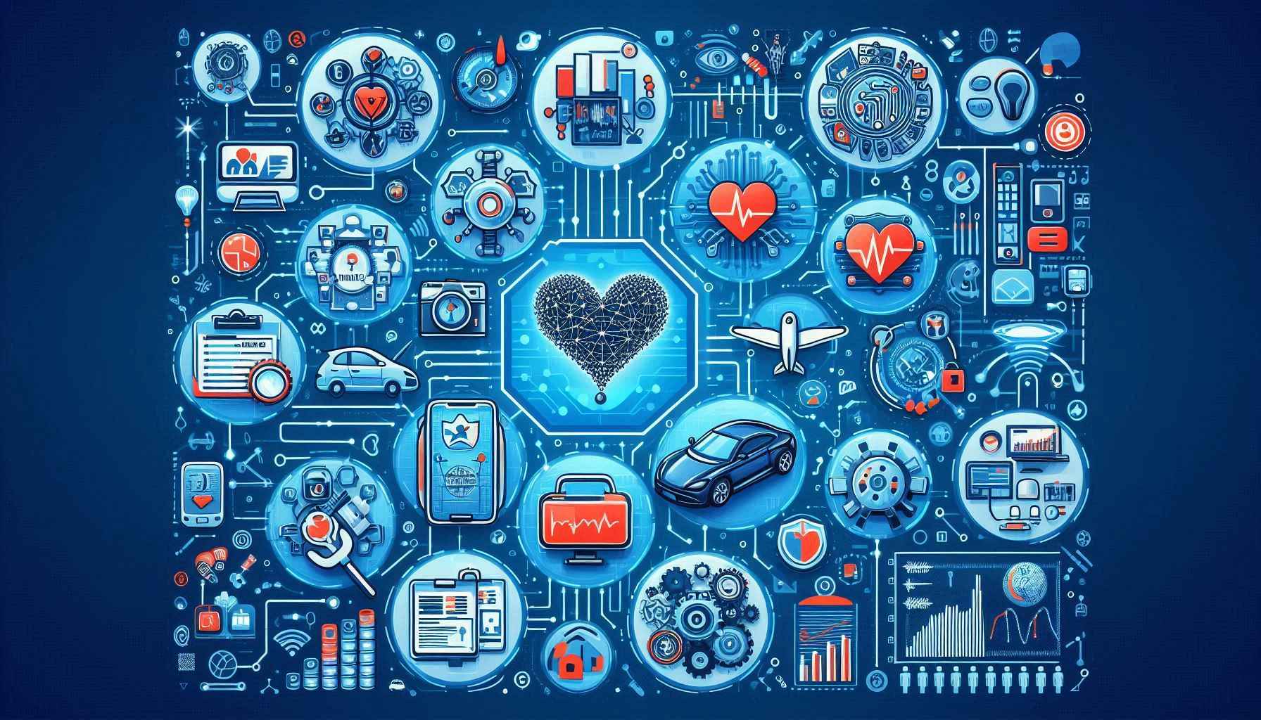 Representação de diversas áreas onde a inteligência artificial pode ser aplicada, como saúde, finanças e automóveis