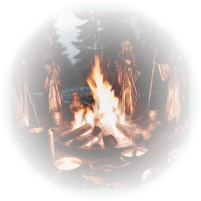 Fogueiras brilhando na noite escura, com figuras de cobre ao redor, refletindo tristeza