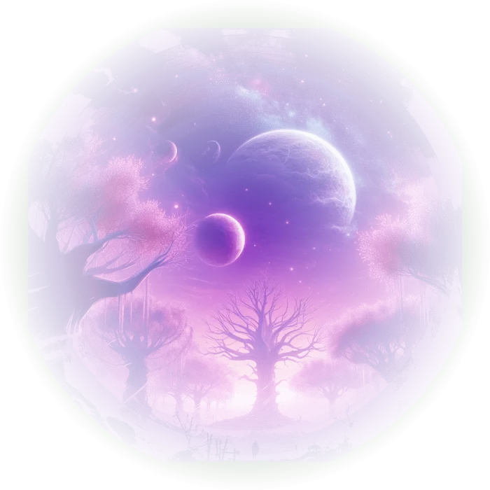 Um mundo alternativo com céu roxo, árvores brilhantes e uma atmosfera mágica.