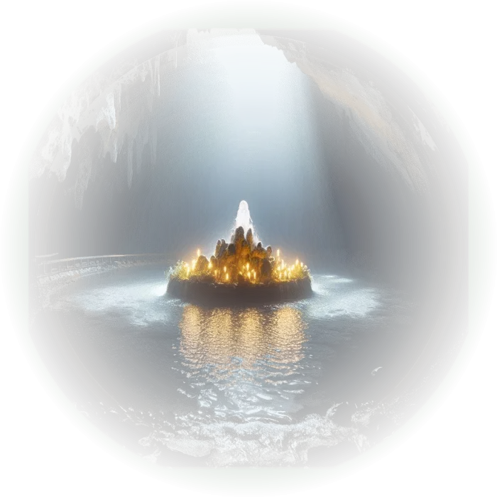 Uma fonte sagrada em uma caverna, com água brilhante e cintilante.