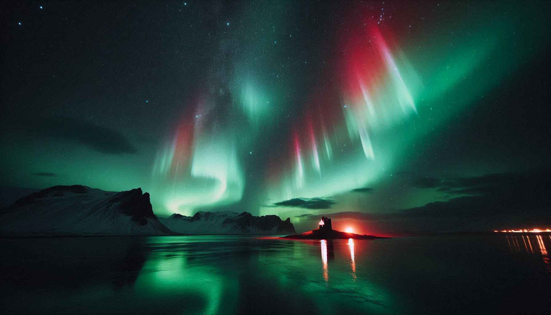 Aurora boreal visível durante uma noite fria, mostrando as luzes verdes e vermelhas no céu escuro