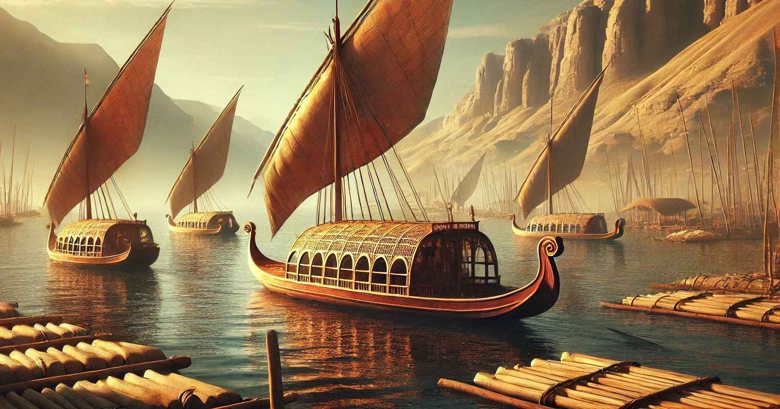 Barcos de papiro do Egito navegando no Nilo
