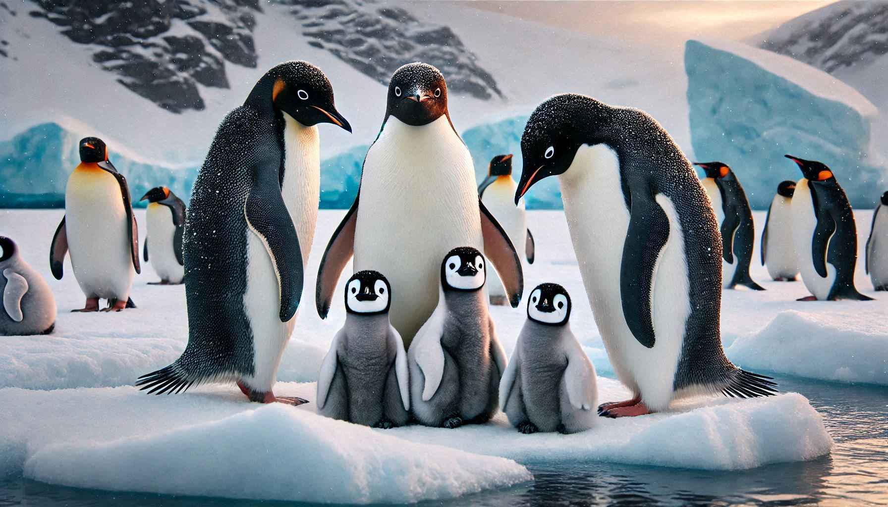 Filhotes de pinguim com os pais