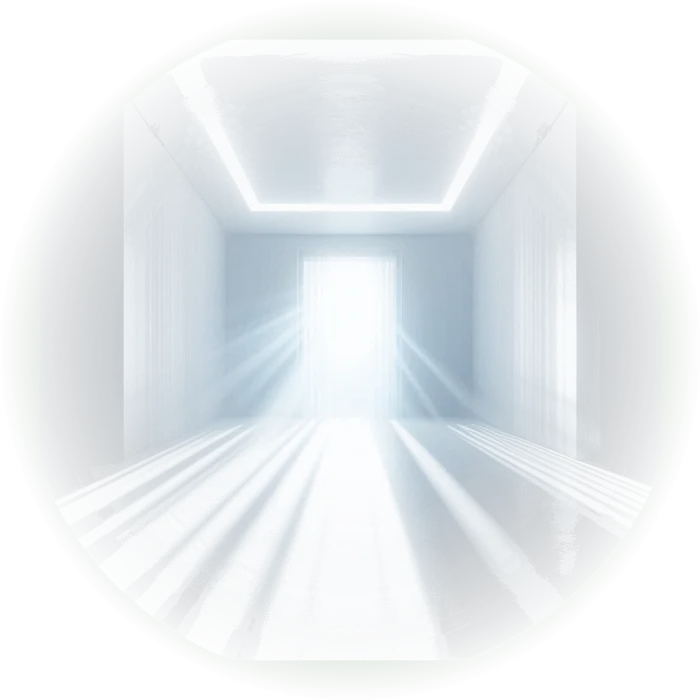 Sala branca e vazia, com uma luz intensa, enquanto uma voz misteriosa ressoa no ambiente.