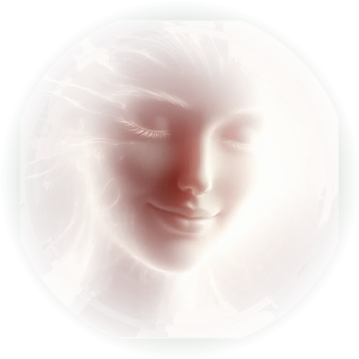 Figura feminina etérea com uma aura de luz suave, sorrindo com compreensão e paz