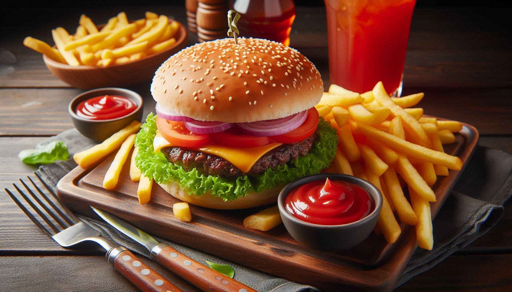 Pratos populares como hambúrgueres e batatas fritas acompanhados de ketchup