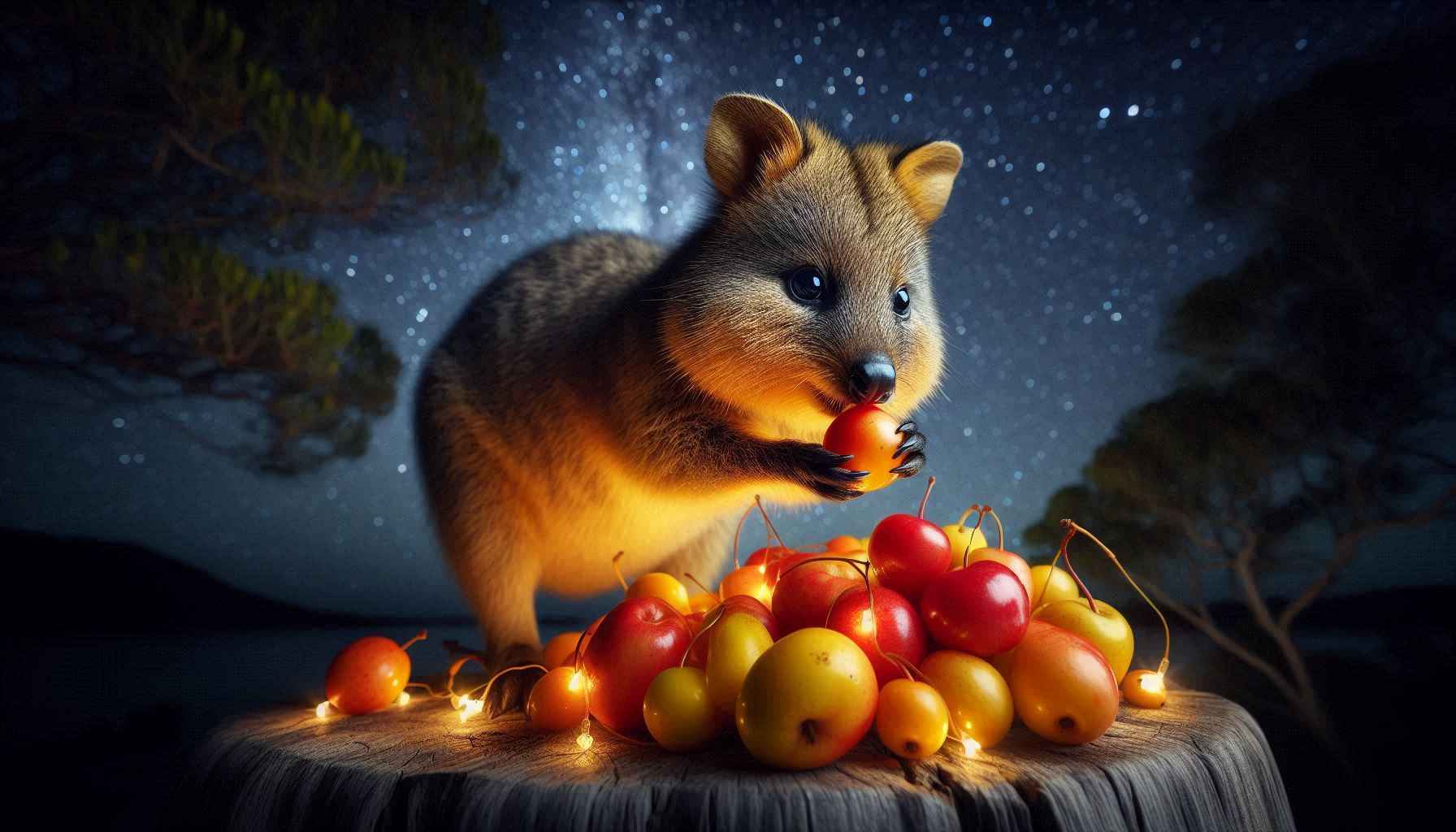 Quokka almoçando à noite