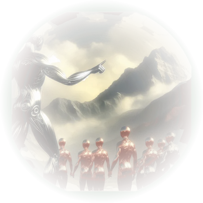 Figura de ferro e habitantes de cobre, juntos, olhando para o horizonte incerto