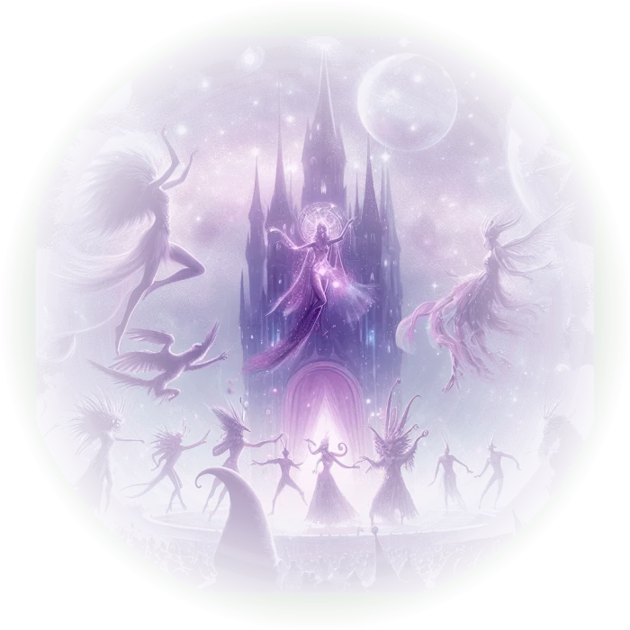 Uma festa mágica com seres fantásticos dançando sob um céu estrelado.