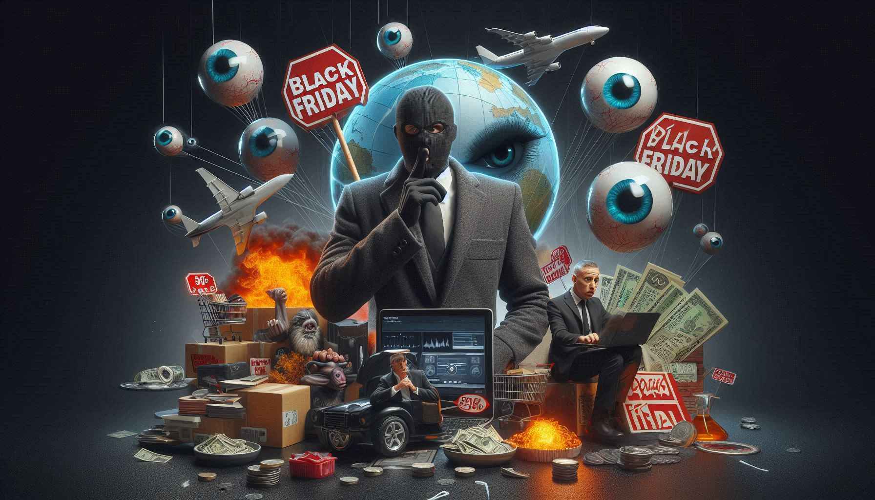 Publicidade de Black Friday com táticas manipulativas, mostrando descontos exagerados e falsas promessas