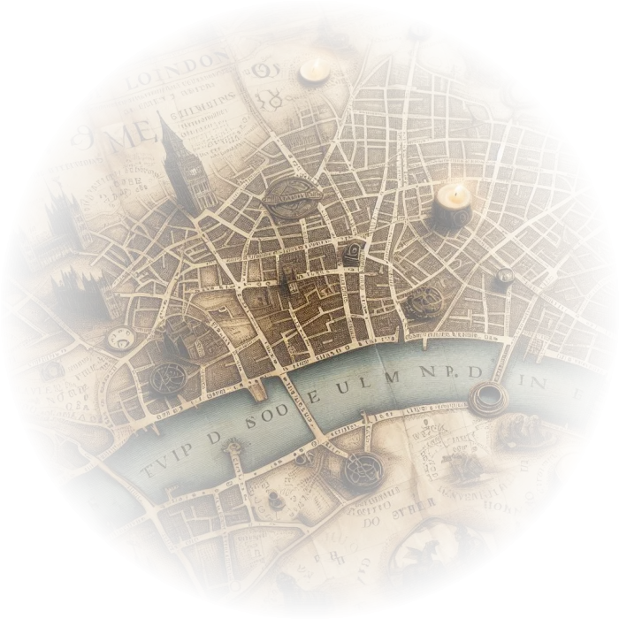 Um mapa antigo de Londres, com locais misteriosos e símbolos estranhos marcados ao longo das ruas.