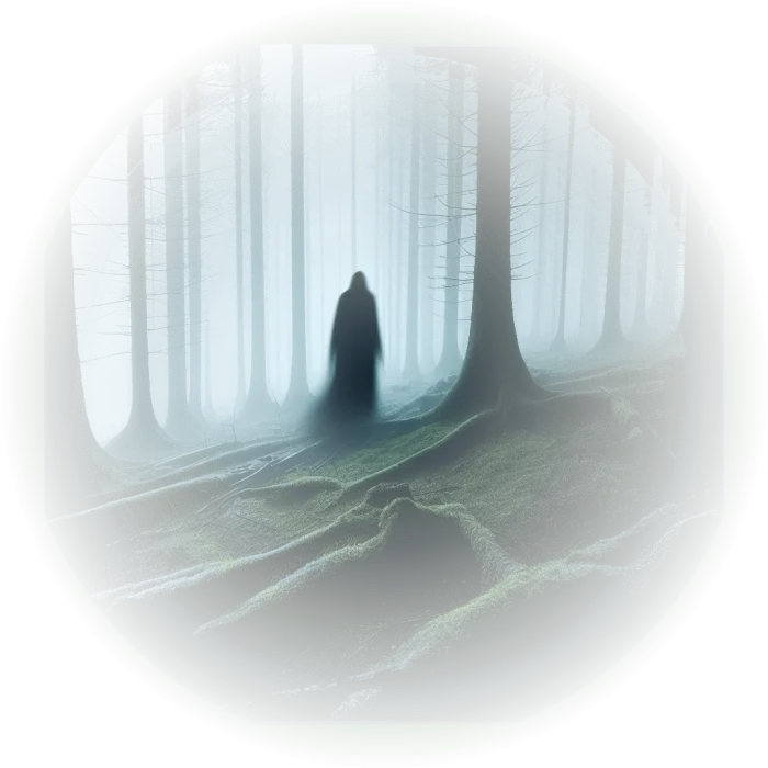 Ser misterioso desaparecendo na névoa da floresta, deixando o protagonista em paz